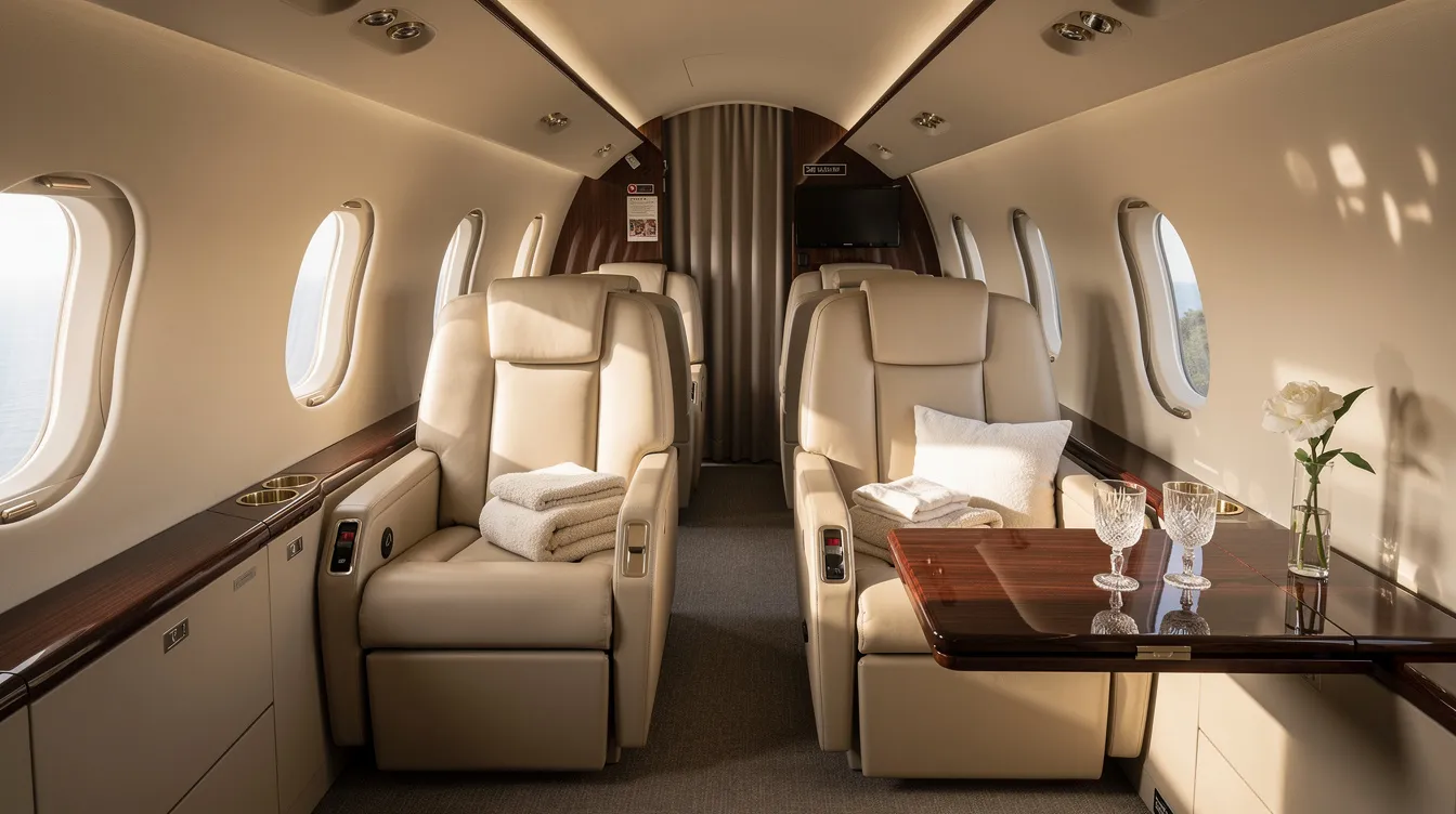 The image depicts a luxurious private jet cabin, bathed in sunlight streaming through the windows, ready for boarding. The elegant interior highlights the comfort and exclusivity of private aviation, ideal for travelers seeking a premium experience in private flights.