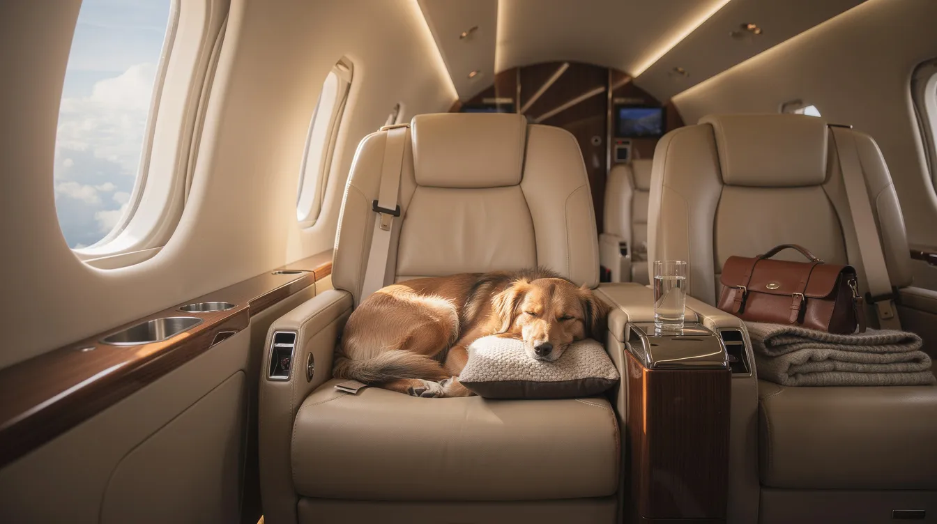 A dog is peacefully resting inside a luxurious private jet cabin, surrounded by plush seating and elegant decor, showcasing the comfort and personalized service that private aviation offers. This serene scene highlights the relaxed atmosphere of private jet travel, ideal for both furry companions and their owners.