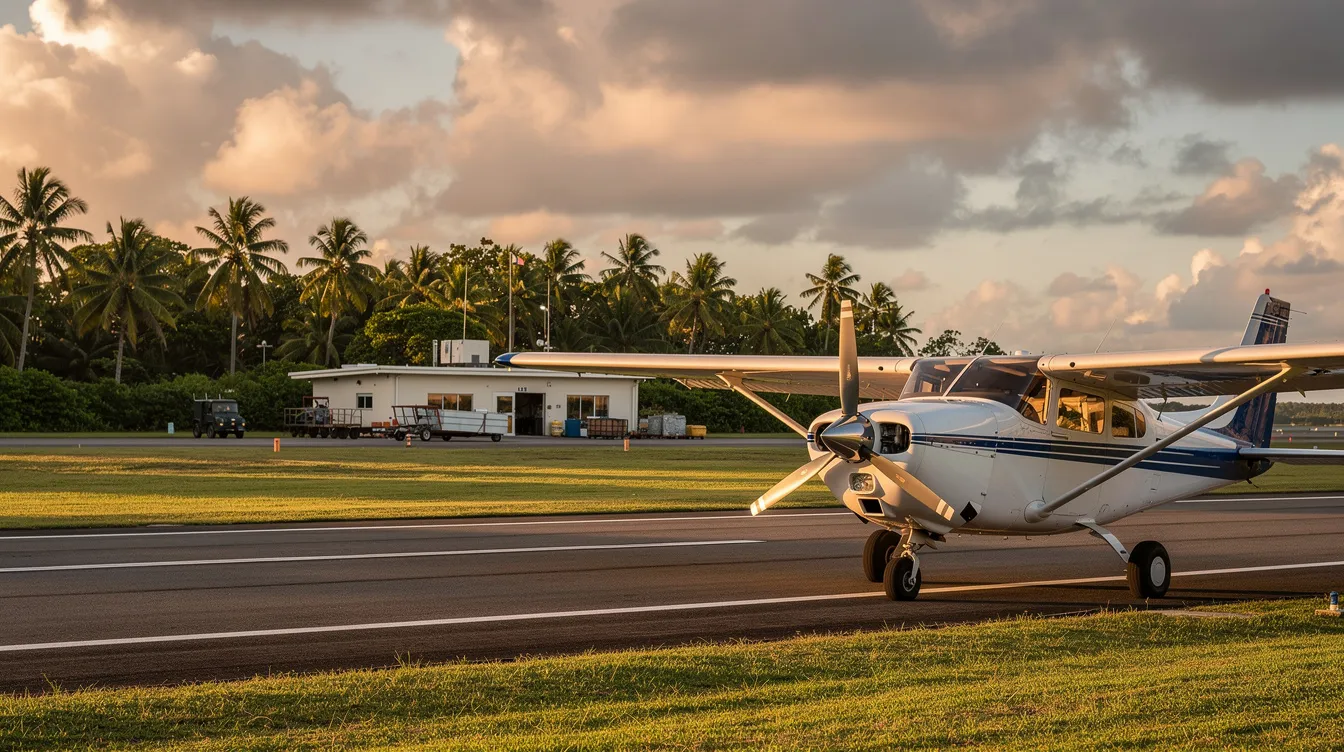 A small aircraft is positioned near a tropical airport runway, showcasing the allure of private aviation and the convenience of jet card programs for travelers seeking guaranteed aircraft availability and personalized service. The vibrant surroundings highlight the appeal of private jet travel in exotic locations.