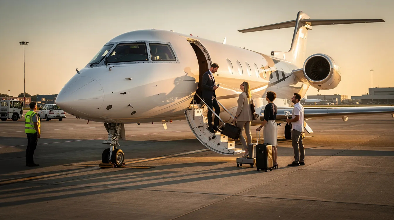 A private jet is parked on a ramp as passengers board, showcasing the convenience of private aviation. This scene highlights the ease of access and personalized service that jet card programs offer for travelers seeking guaranteed availability and flexible travel options.