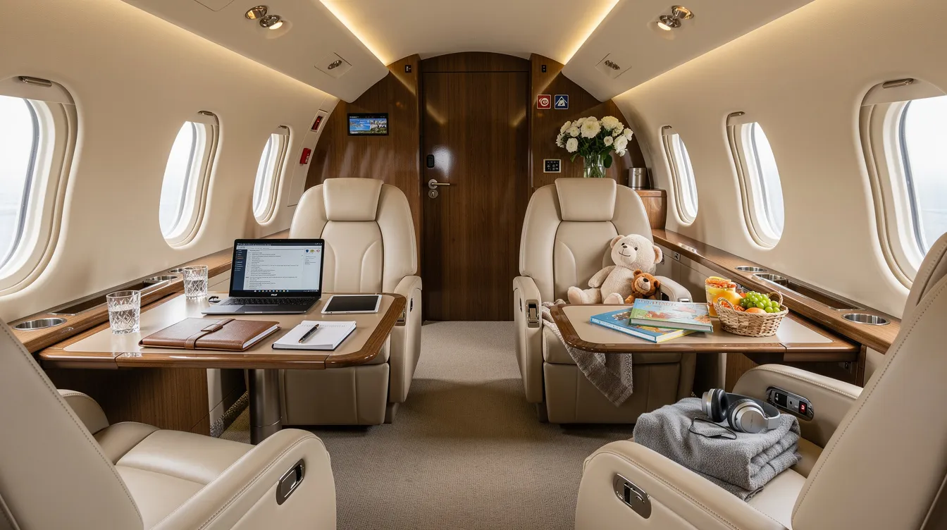The image depicts a luxurious private jet cabin, thoughtfully arranged for both family and business travel, featuring plush seating and elegant decor. This private aviation experience showcases the comfort and convenience that discerning travelers seek, with amenities that cater to both leisure and business needs.