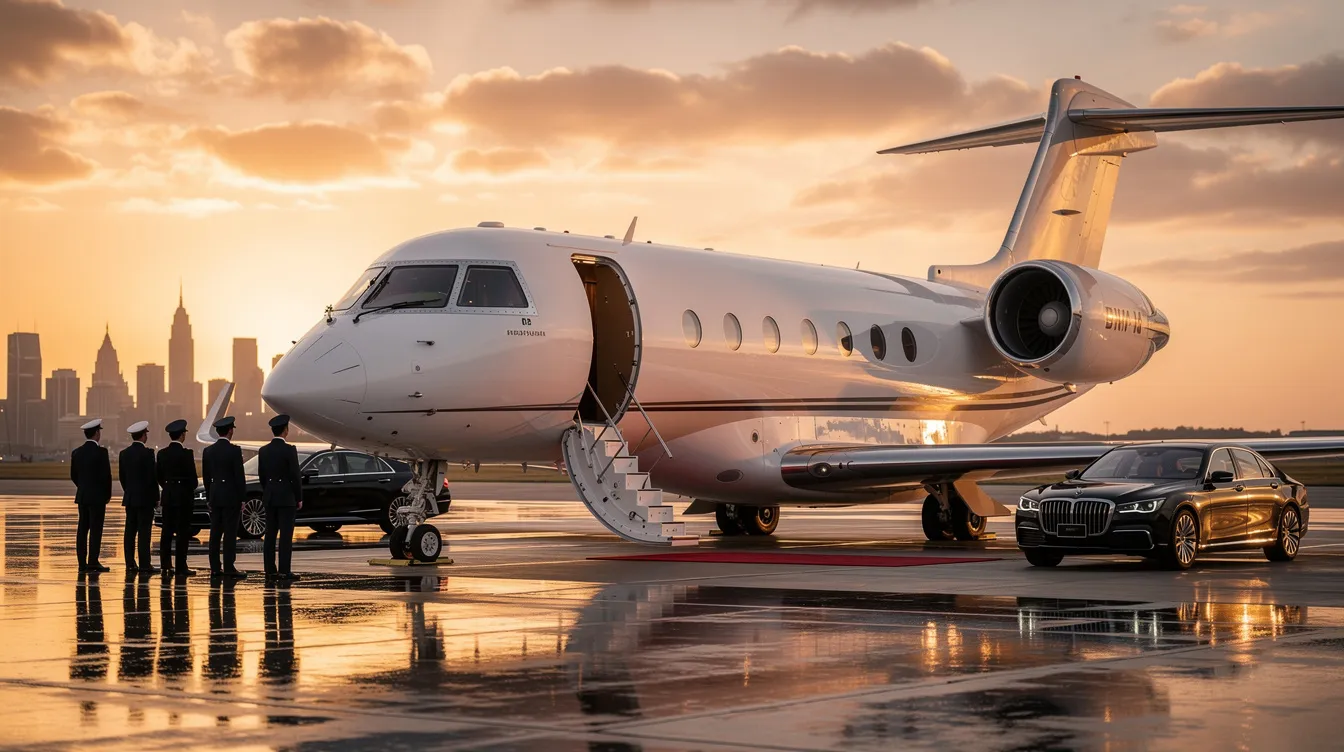 The image depicts a sleek private jet parked on a tarmac, symbolizing the luxury of private aircraft ownership. It highlights the private aviation industry, where private jet owners can enjoy tax benefits and deductions related to business travel and operational expenses.