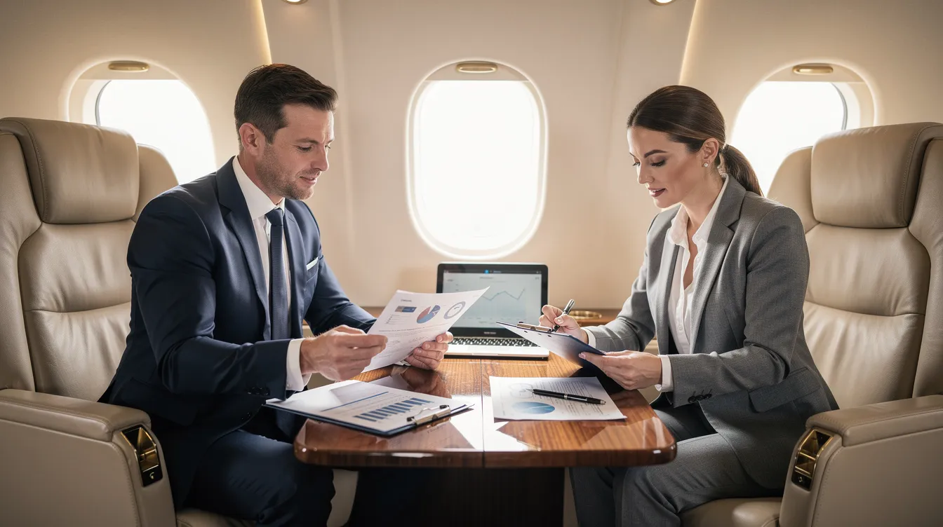 In the image, business passengers are seated in the luxurious cabin of a private jet, reviewing important documents related to private aircraft ownership and tax implications for their business travel. The atmosphere reflects a professional setting, emphasizing the potential tax benefits and operational expenses associated with private jet ownership.