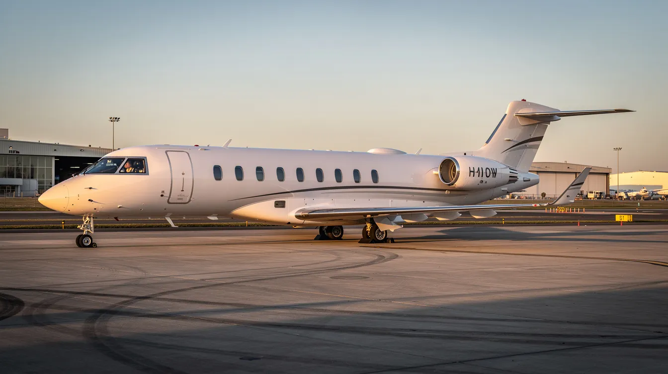 The image depicts a private jet parked on a quiet airport ramp, showcasing the elegance of private aircraft ownership. This scene highlights the world of private aviation, where private jet owners enjoy the convenience of tailored travel for both business purposes and leisure.