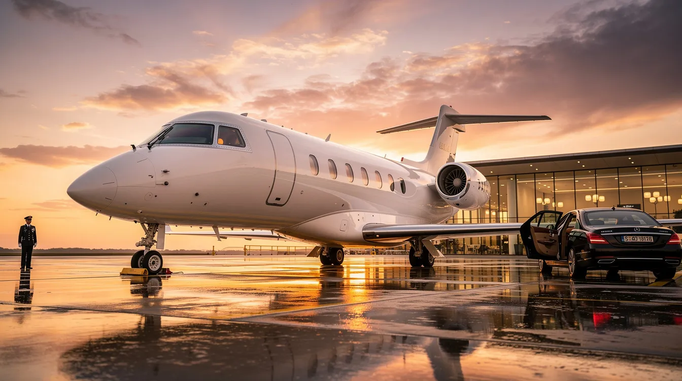 The image depicts a sleek private jet parked at an upscale airport terminal, symbolizing the luxury of private aviation. This visual highlights the concept of fractional jet ownership, where multiple owners share the costs and benefits of the aircraft, making private jet travel more accessible while managing significant ongoing costs.
