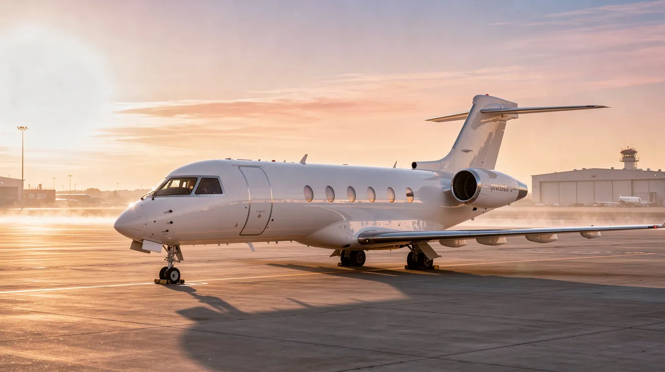 A private jet sits quietly on an airport ramp at sunrise, bathed in warm golden light, symbolizing the allure of private aviation and fractional jet ownership. This serene scene highlights the elegance of aircraft ownership and the potential for multiple owners to share the costs associated with private jet travel.