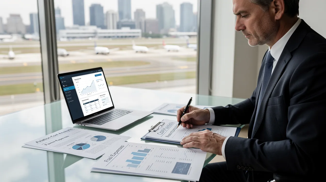 An executive is seated beside a window, intently reviewing aviation cost documents related to fractional jet ownership, which detail various associated costs such as monthly management fees, fuel costs, and ongoing expenses for private aviation. The scene highlights the complexities of understanding fractional ownership programs and the financial considerations involved in aircraft ownership.