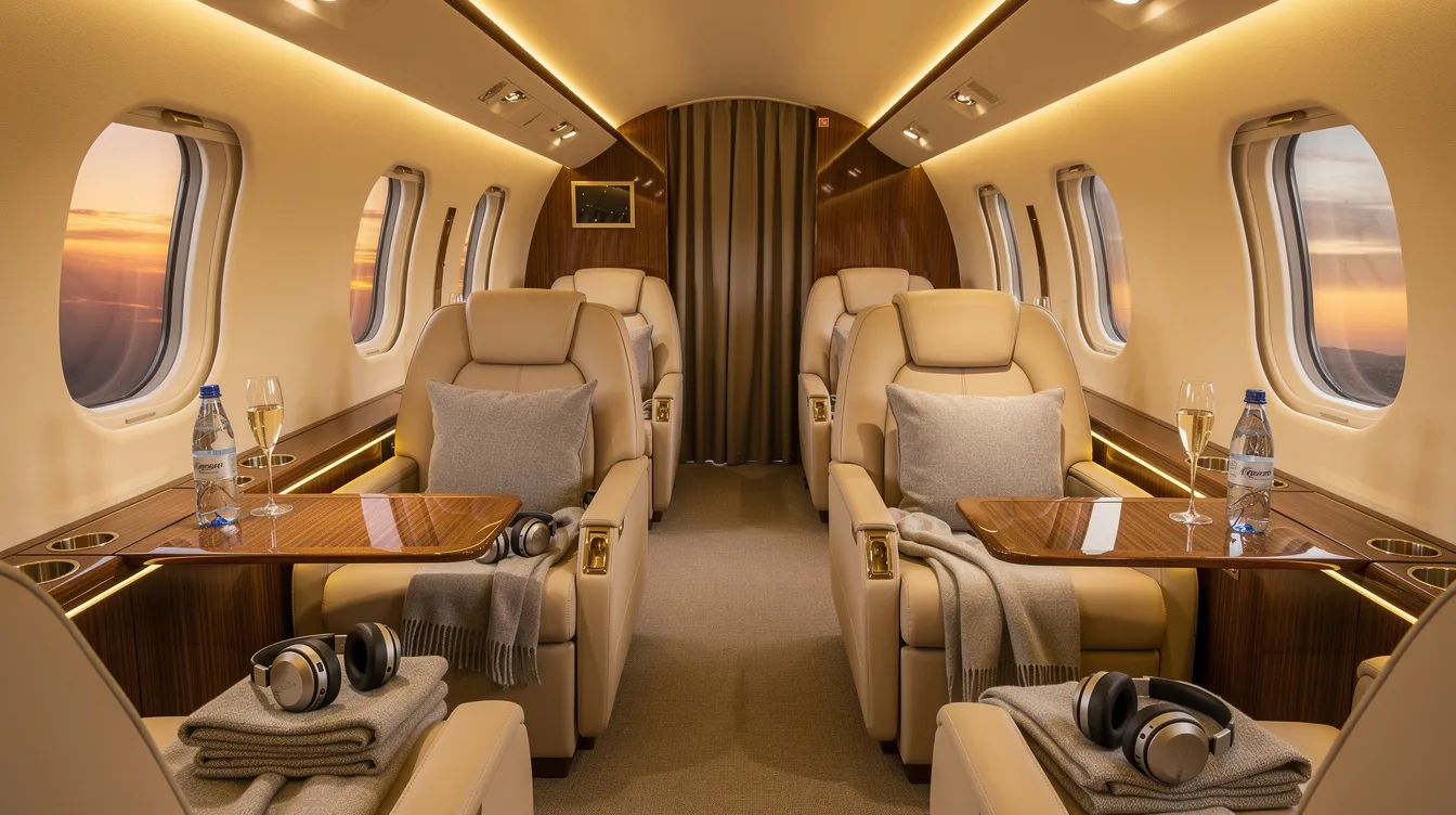 The image depicts a comfortable private jet cabin, featuring plush seats arranged and prepared for departure, showcasing the luxury and convenience of fractional jet ownership. This inviting space highlights the benefits of private jet travel, ensuring guaranteed aircraft availability for fractional owners.