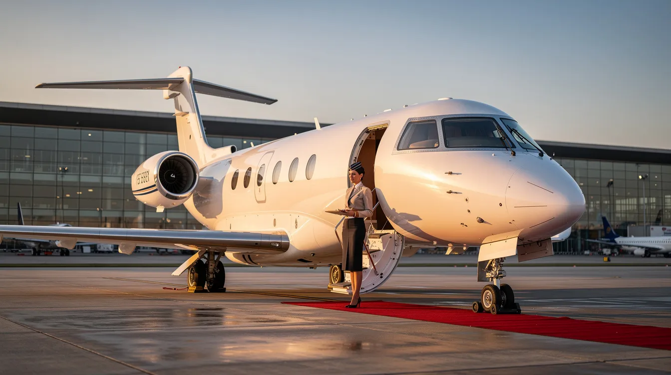 The image depicts a luxurious private jet surrounded by a serene landscape, highlighting the appeal of fractional jet ownership for private flyers. It emphasizes the benefits of fractional ownership programs, such as guaranteed aircraft availability and access to multiple jet options for seamless private travel.