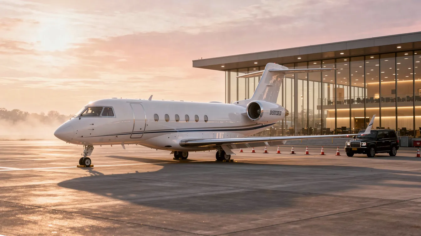 A private jet is parked near a quiet executive terminal, bathed in the warm light of sunrise. This serene scene highlights the luxurious aspect of fractional jet ownership, offering guaranteed aircraft availability for private flying enthusiasts.