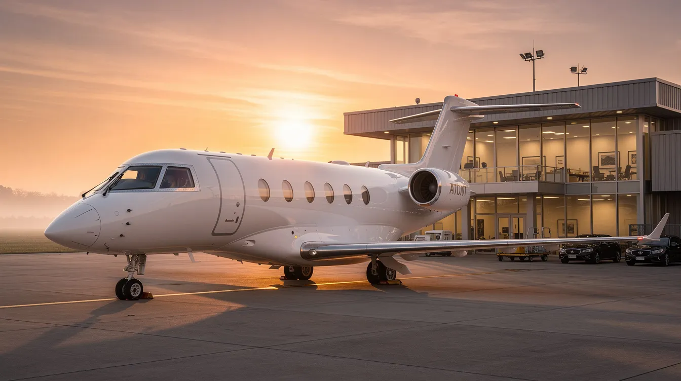A sleek private jet is parked near a quiet executive terminal, bathed in the warm hues of sunset. This scene captures the essence of private aviation, highlighting the luxury and exclusivity of private jet travel, which can be accessed through options like fractional ownership or jet card programs.