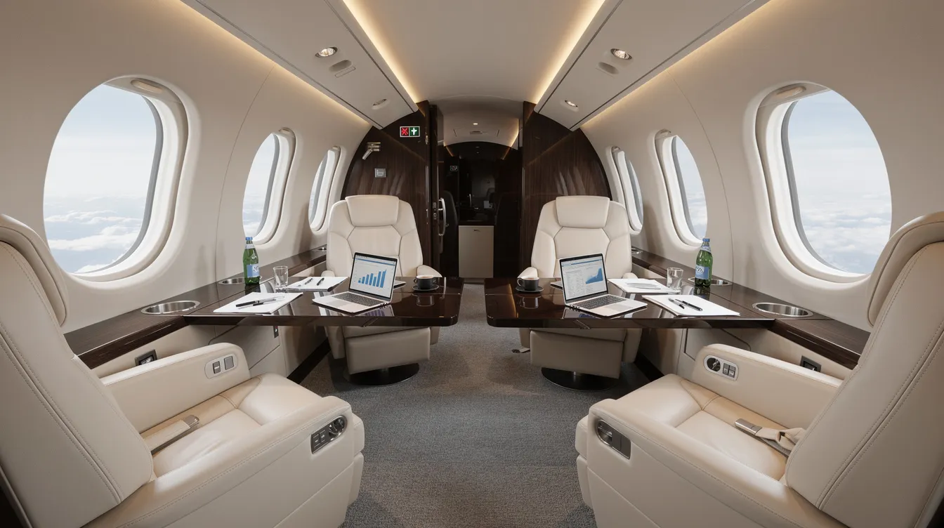 The image depicts a modern private jet cabin designed for business travel, featuring plush leather seats arranged for comfort and productivity. This luxurious space illustrates the appeal of private aviation, including options like fractional ownership and jet card programs that offer guaranteed access to specific aircraft.