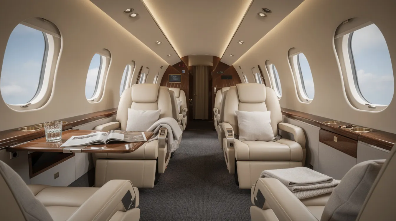 The image depicts a luxurious private jet cabin featuring plush leather seats, designed for comfort and elegance. This setting exemplifies the benefits of fractional jet ownership, allowing multiple owners to enjoy private aviation while managing operational costs effectively.
