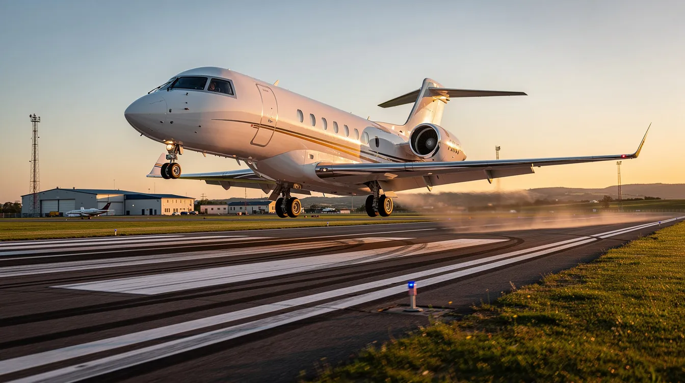 A private jet is seen taking off from a regional airport runway, symbolizing the freedom and convenience of private air travel. This image highlights the appeal of fractional jet ownership, where multiple owners can share the costs and benefits of aircraft ownership for their travel needs.