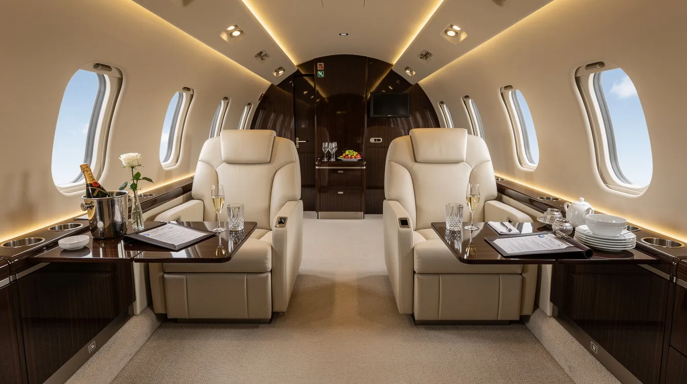 The image depicts a luxurious business jet cabin meticulously prepared for a private flight, showcasing plush seating, elegant decor, and modern amenities that cater to fractional owners. This inviting space exemplifies the comfort and exclusivity of private aviation, highlighting the benefits of fractional jet ownership for shared ownership among multiple individuals.