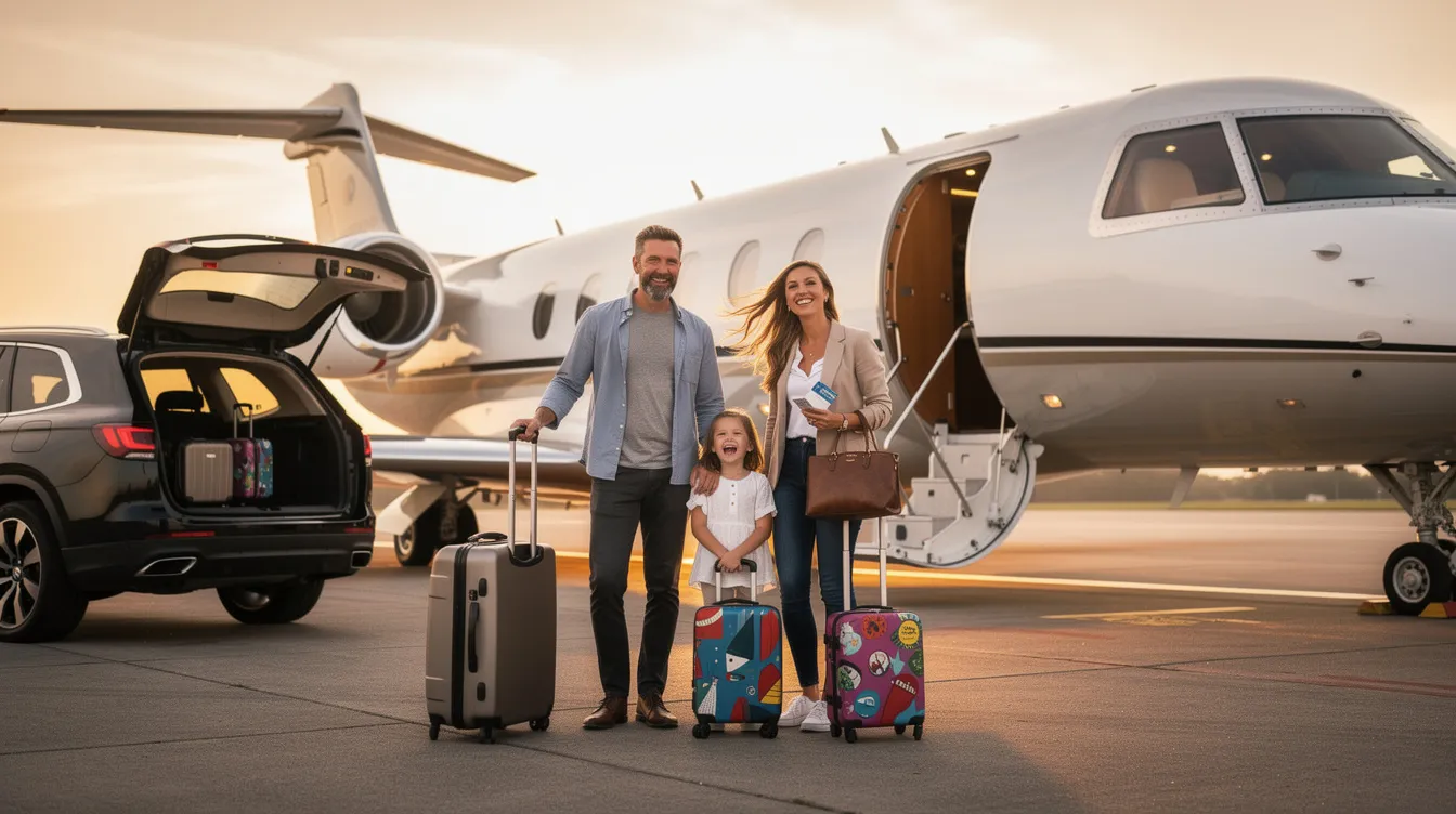 A family is excitedly preparing for a trip as they approach their private jet, which is waiting on the tarmac. This scene highlights the convenience of fractional jet ownership, allowing them to enjoy a luxurious private aviation experience without the full costs of whole aircraft ownership.