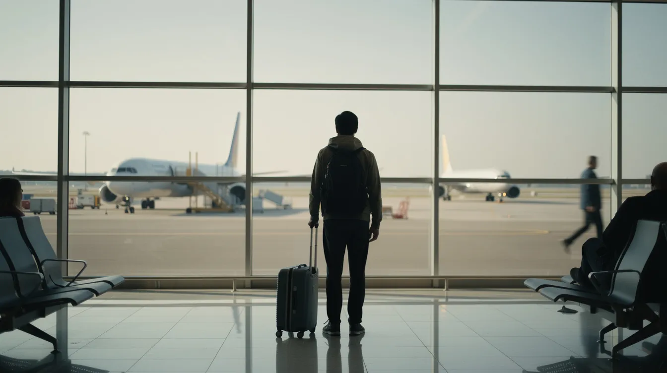 A traveler gazes out of a window at an airport runway, observing planes preparing for takeoff and landing, as they contemplate their upcoming flight and travel plans. The scene captures the anticipation of the journey ahead, with thoughts of flight duration and distance on their mind.