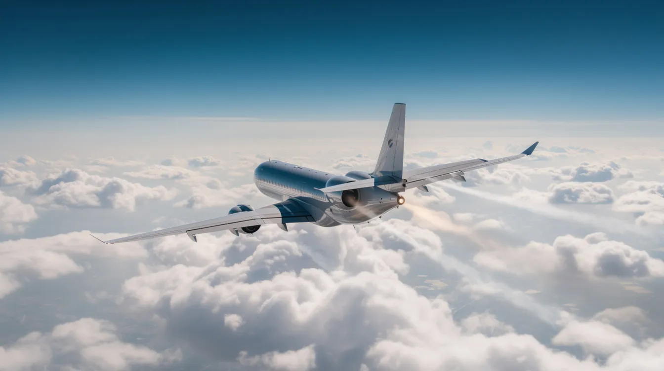 A jet aircraft is soaring high above a blanket of fluffy white clouds, showcasing its sleek design and powerful engines. This image captures the essence of flight, emphasizing the aircraft's altitude and speed as it embarks on a long journey, with travelers on board preparing for their destination.