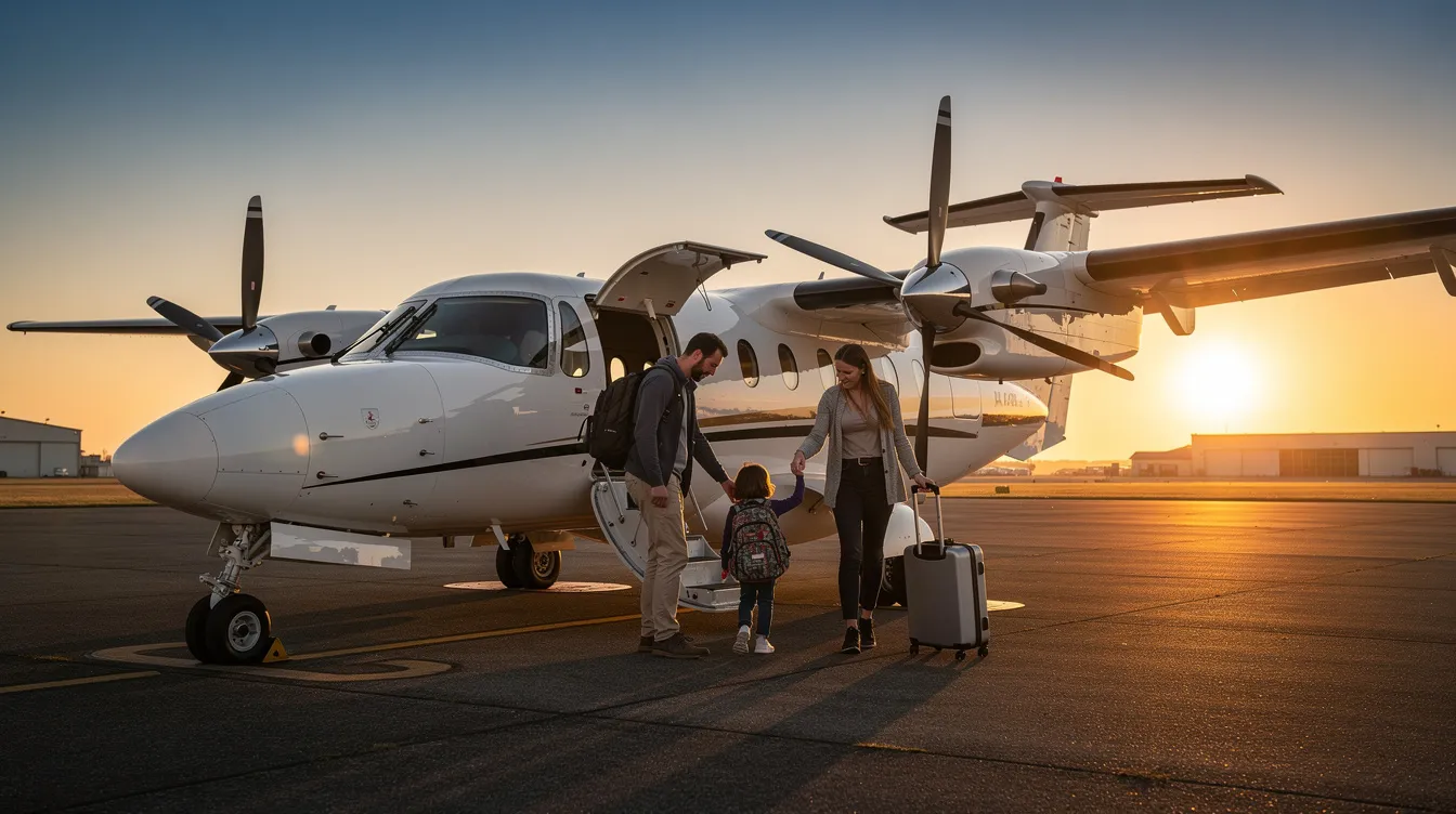 A small family is boarding a compact turboprop aircraft, specifically a Socata TBM 700, under the warm glow of a sunset. The scene captures the excitement of flight as they prepare to embark on their journey, with the aircraft's sleek design and powerful engines ready for takeoff.