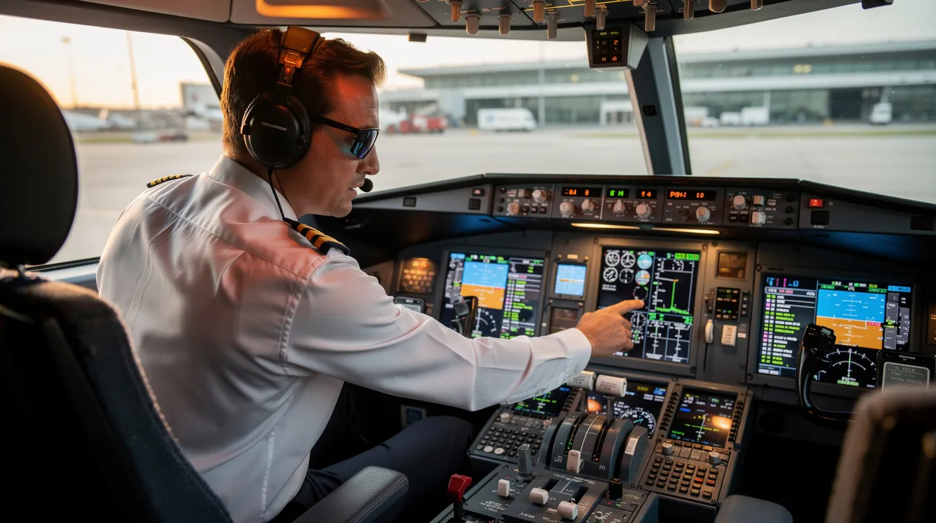 A pilot is seen preparing the cockpit of a modern Socata TBM 700 turboprop aircraft before departure, ensuring all standard equipment is in place for a safe flight. The cockpit features advanced controls and displays, essential for managing the plane's performance, cruising speed, and weight during operation.