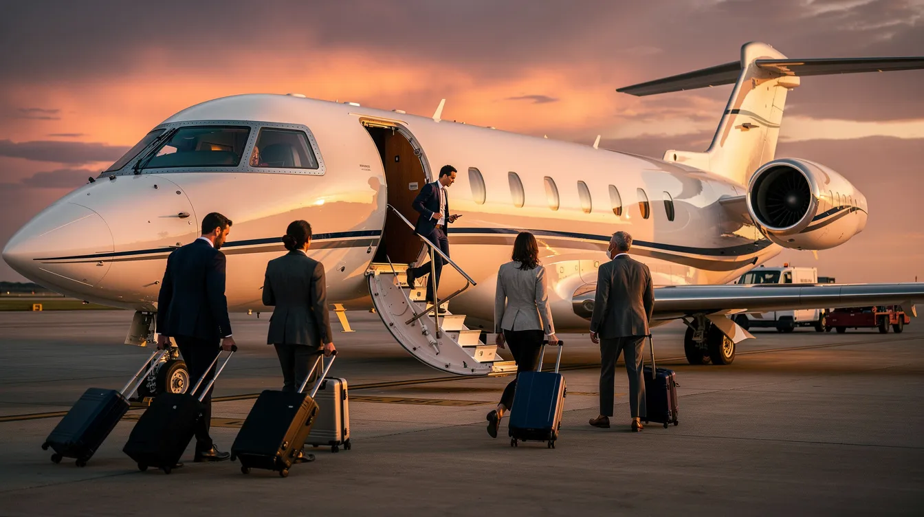 A group of business travelers is boarding a midsize private jet at sunset, with the warm orange and purple hues of the sky creating a picturesque backdrop. This scene captures the elegance of aviation as the passengers prepare to embark on their journey in this jet engine transport, showcasing the allure of private air travel.
