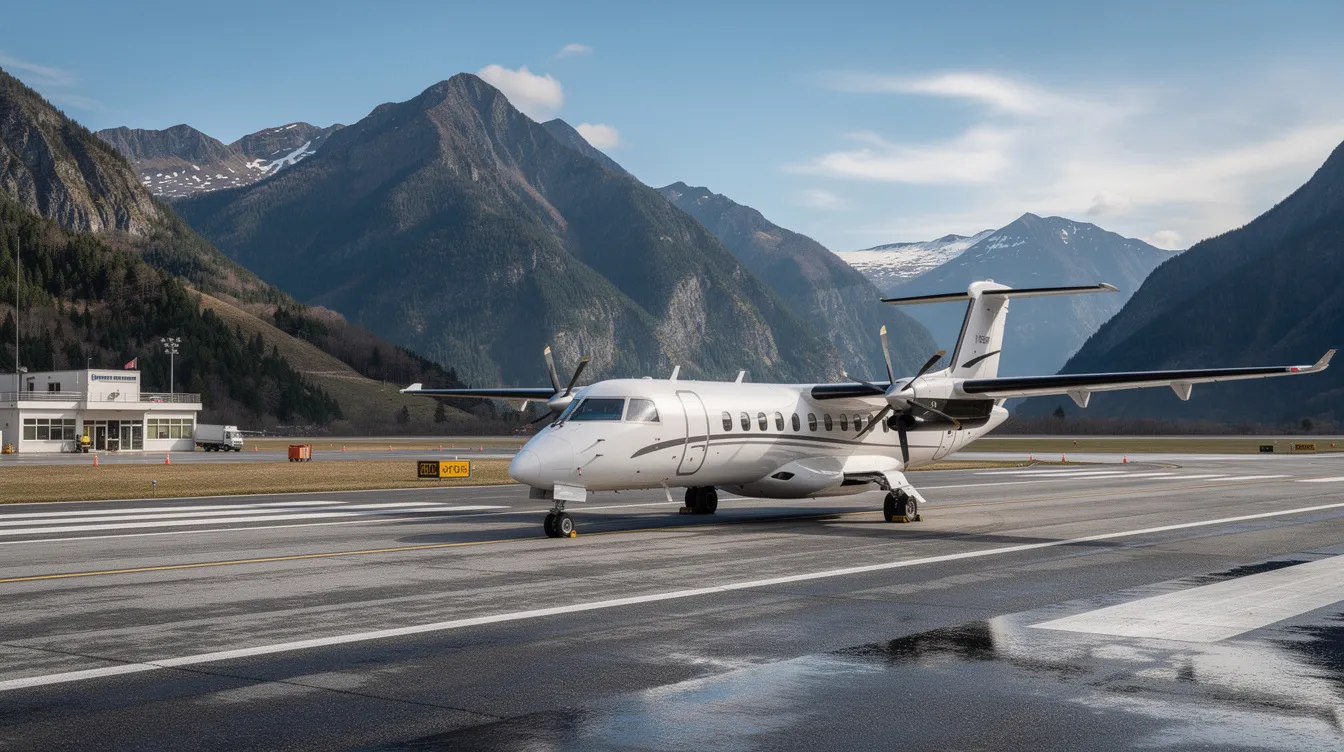 A turboprop aircraft is parked near a small regional runway, surrounded by majestic mountains, showcasing its design as a multi-engine propeller aircraft. This scene highlights the beauty of civil aviation in a picturesque setting, emphasizing the aircraft's role within the aviation industry.