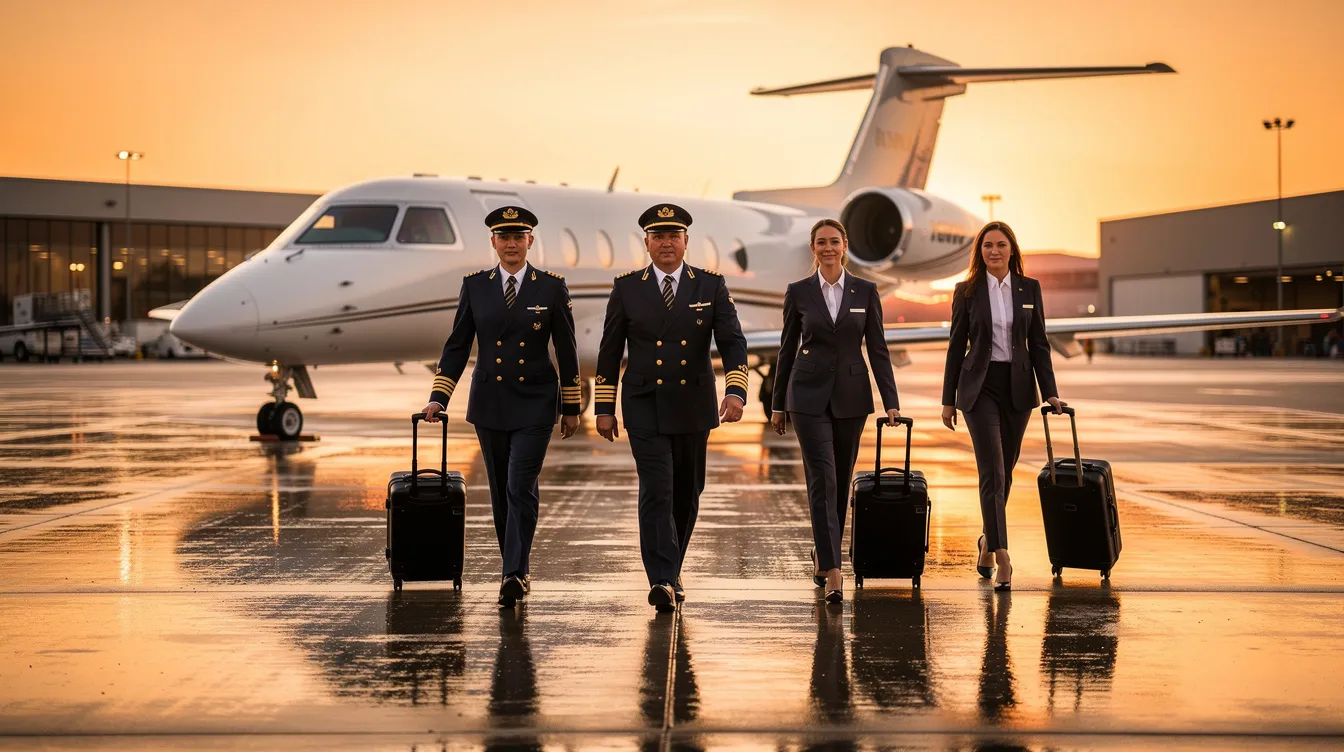 A private jet crew, dressed in professional uniforms, is walking across an airport ramp towards a sleek business aircraft, showcasing the aviation industry's focus on aircraft certification and safety standards. The scene highlights the importance of airworthiness and operational readiness in the world of powered aircraft.