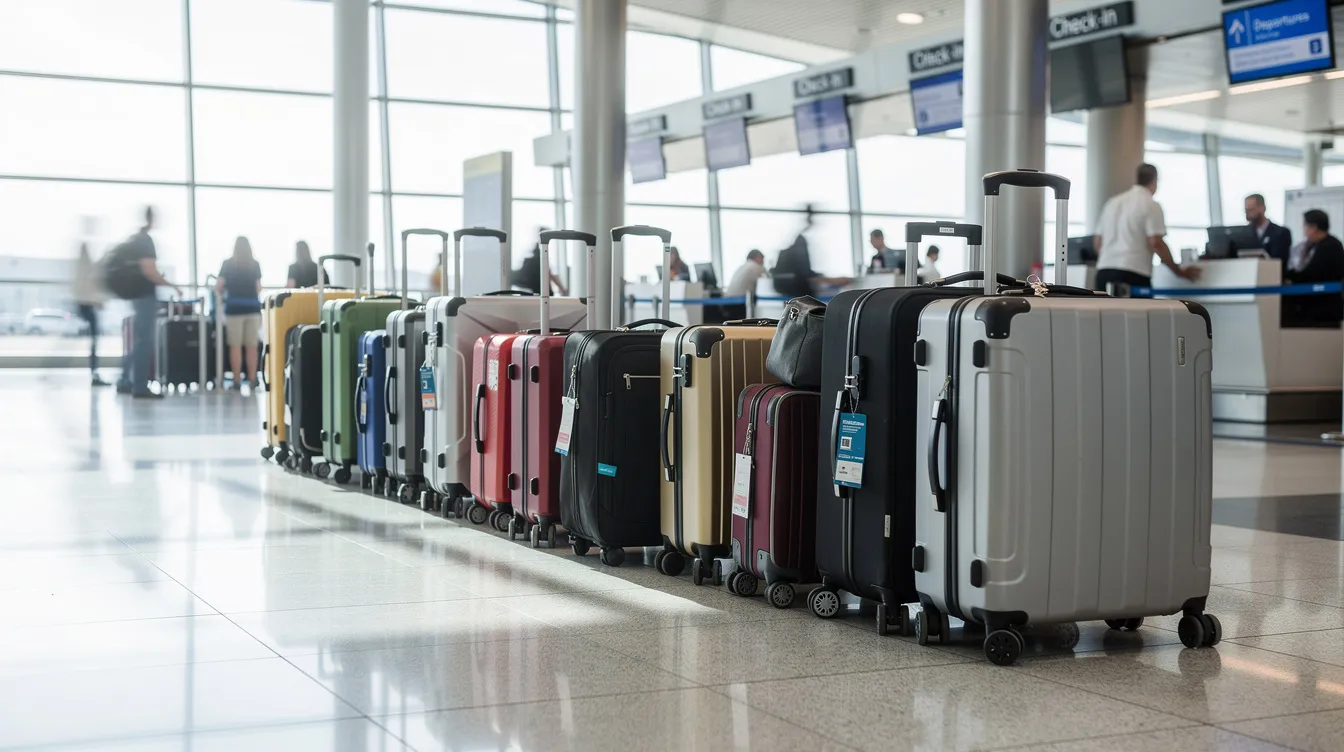 The image depicts a line of passenger luggage neatly arranged near the check-in area of an airport, likely at Frankfurt Airport. Travelers prepare for their flights, with bags of various sizes queued up, reflecting the hustle and bustle of airport operations as they get ready for their upcoming journeys.