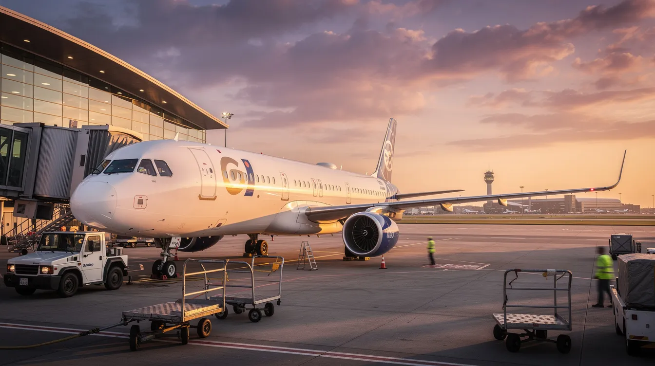 An Airbus passenger airplane is parked near a terminal at sunset, casting a warm glow over the scene. The aircraft, part of the Lufthansa Group fleet, is ready to welcome travelers for their next flight from Frankfurt Airport to various destinations around the world.