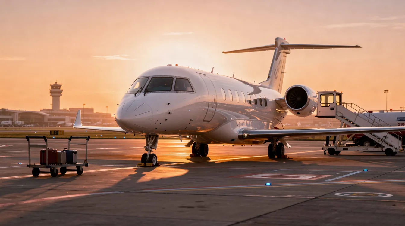 A private jet is parked on a runway at sunset, with service vehicles nearby, indicating support operations at Thumrait Air Base in Oman. The scene captures a blend of military and civilian aviation, highlighting the importance of mobility support equipment in a key strategic area.