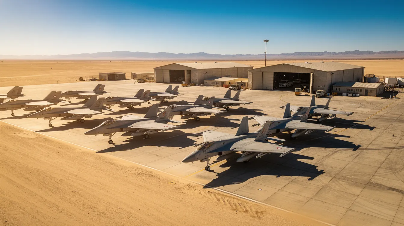 The image depicts military jets parked on a sunlit desert apron at Thumrait Air Base, surrounded by hangars and equipped with various support and mobility equipment. This key strategic area showcases the air force's capabilities, including infrastructure for maintaining war reserve materiel and operational readiness.