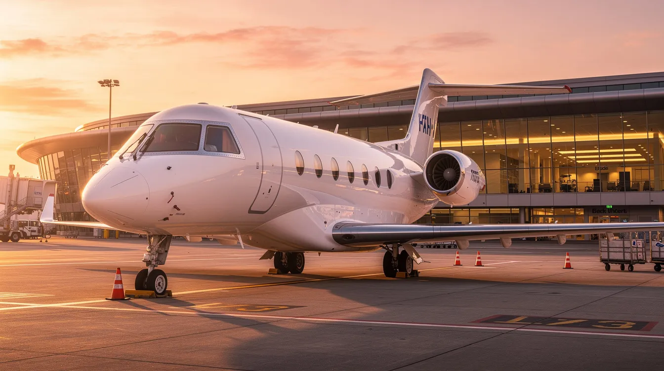 A private jet is parked near a terminal, bathed in the warm hues of sunset, with the airport's silhouette in the background. This scene captures the tranquility of evening flights, perfect for those tracking flights or looking for aircraft details using a flight tracker app.