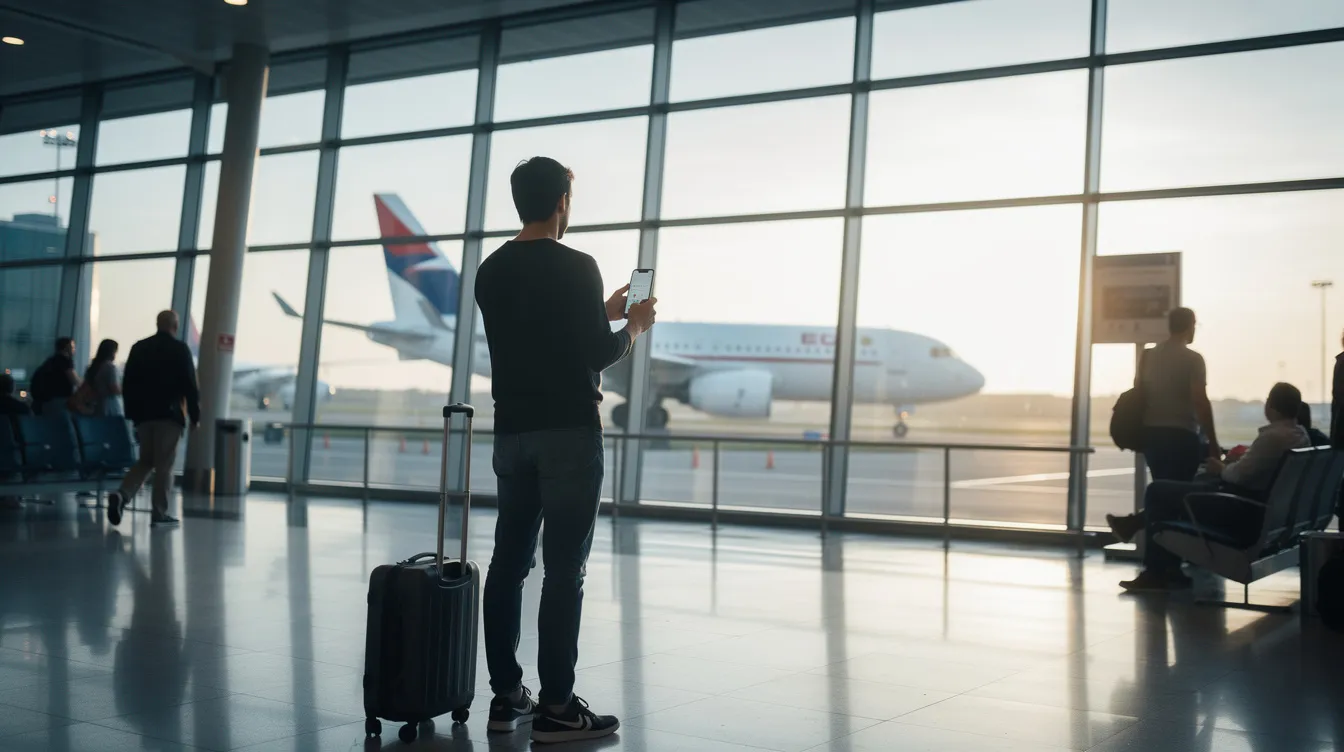 A traveler stands near an airport window, intently viewing aircraft details on a smartphone using a popular flight tracker app. The device displays real-time flight status, including individual flights and their current positions, enhancing the flight tracking experience.
