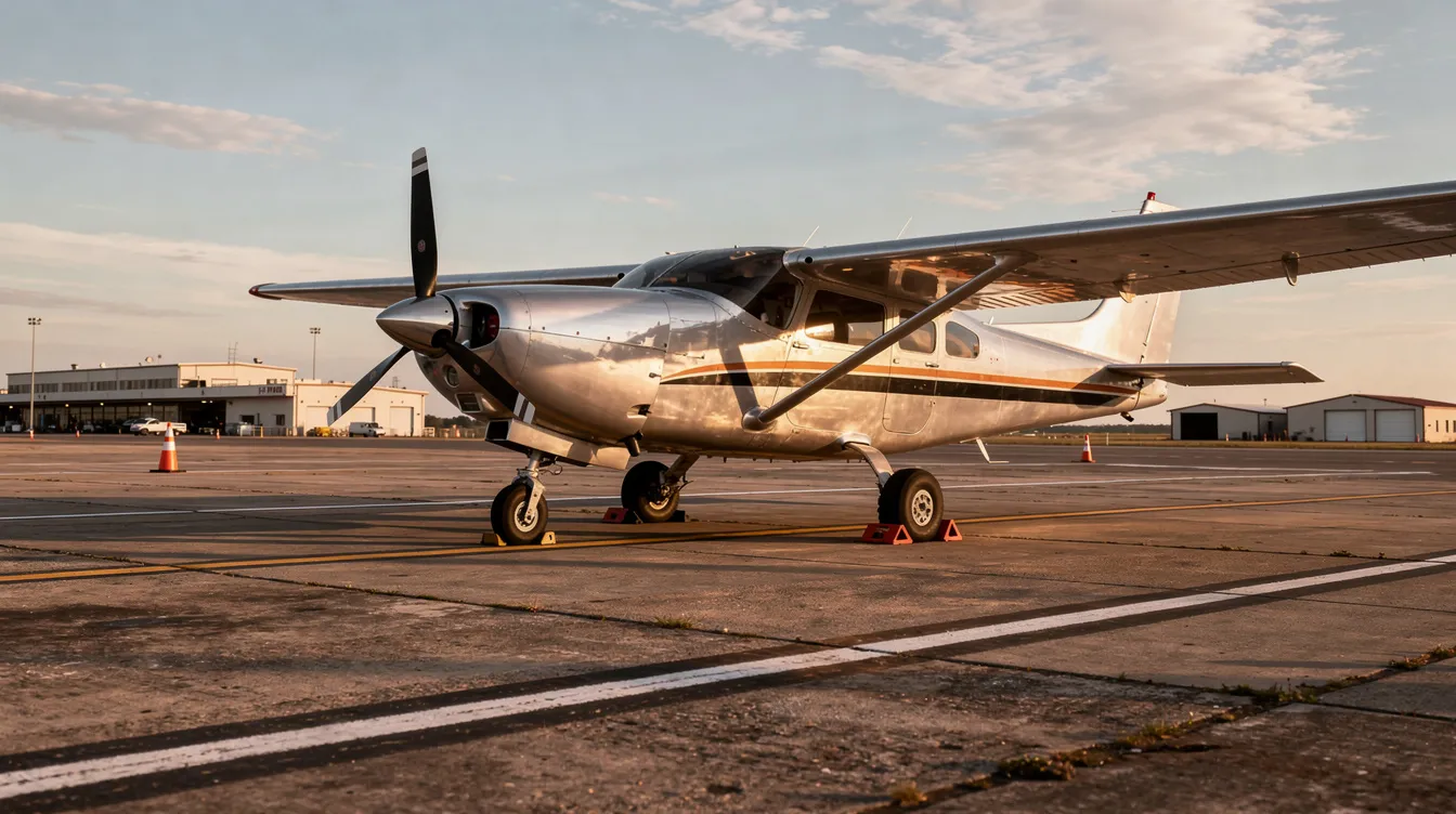 A small single-engine airplane is parked on the ramp of a regional airport, surrounded by various ground support equipment. This scene reflects the world of general aviation, where aspiring pilots often undergo flight training to obtain their private pilot certificate.