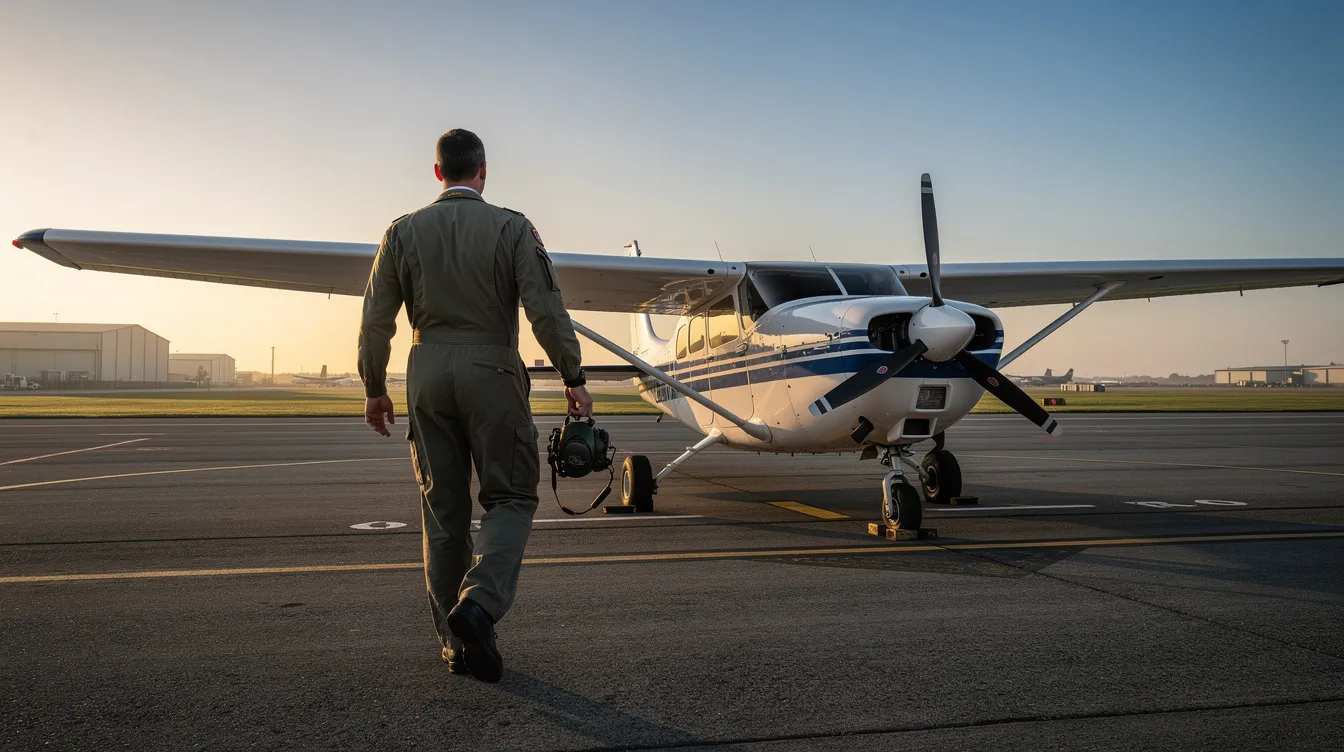 A pilot walks confidently toward a small airplane on a clear morning, showcasing the enthusiasm of aspiring pilots as they prepare for their flight training. The scene highlights the aviation industry, where individuals earn their private pilot certificates and gain flight hours in pursuit of their dreams.