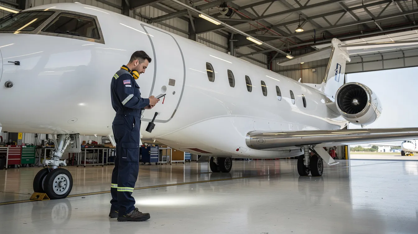 An aircraft technician is inspecting a business jet inside a hangar, ensuring compliance with federal aviation regulations and maintenance standards for part 135 operations. The technician is focused on enhancing safety and operational control for charter flights and private aircraft.