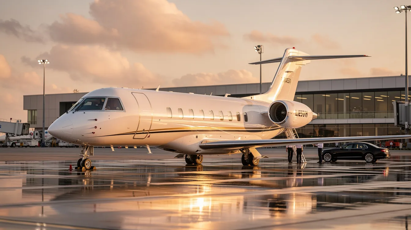 The image depicts a sleek private jet on the tarmac, symbolizing the world of private jet aviation, which operates under federal aviation regulations and part 135 operations. It highlights the luxurious aspect of air travel, emphasizing the importance of safety management systems and pilot qualifications for charter flights.