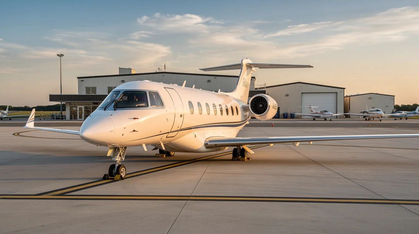 A private jet is parked on a ramp at a regional airport, highlighting the operational control involved in part 135 operations. This image showcases the aircraft's readiness for charter flights, emphasizing compliance with federal aviation regulations and safety standards in air transportation.