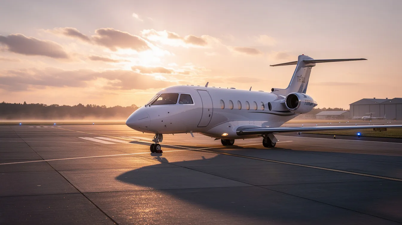 A sleek private jet is parked near a quiet runway, bathed in the warm glow of sunrise, showcasing its spacious cabin and advanced technology. This long range private jet represents the epitome of private aviation, ideal for business and leisure travelers seeking comfort and personalized service on transatlantic flights.