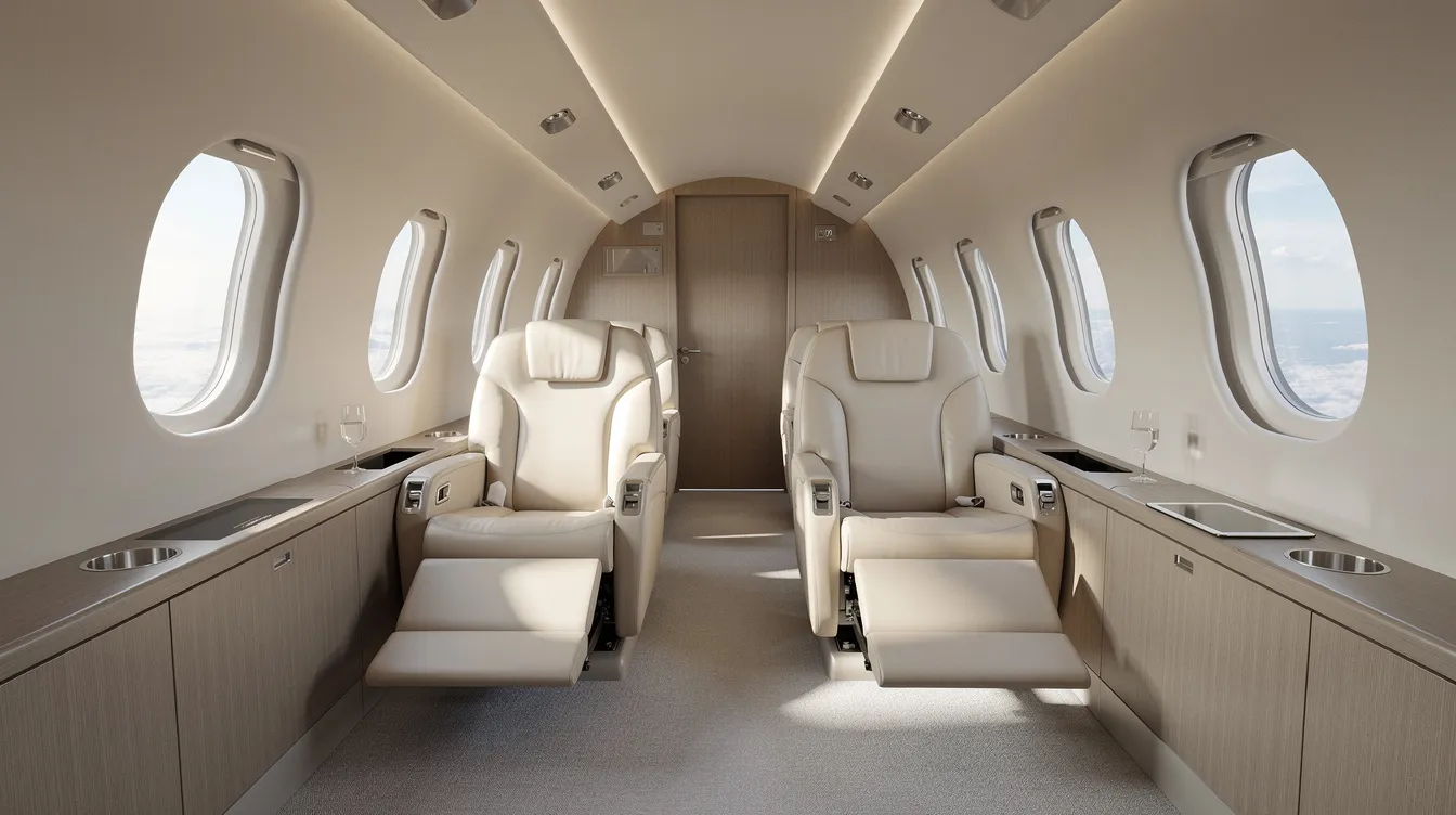 The image depicts a modern private jet cabin featuring wide, comfortable seats bathed in soft natural light, designed to enhance passenger comfort for both business and leisure travelers. The spacious cabin showcases advanced technology and customizable interiors, ideal for long range private jet travel across transatlantic routes.