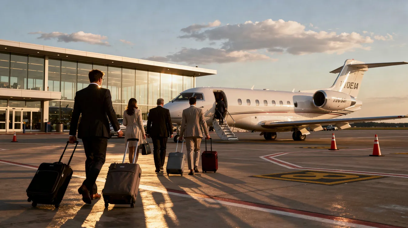 A group of business and leisure travelers is walking toward a sleek private jet parked at a small airport terminal, ready for their transatlantic private flight. The aircraft, likely a Bombardier Global or Boeing Business Jet, promises a spacious cabin and advanced features for a comfortable journey.