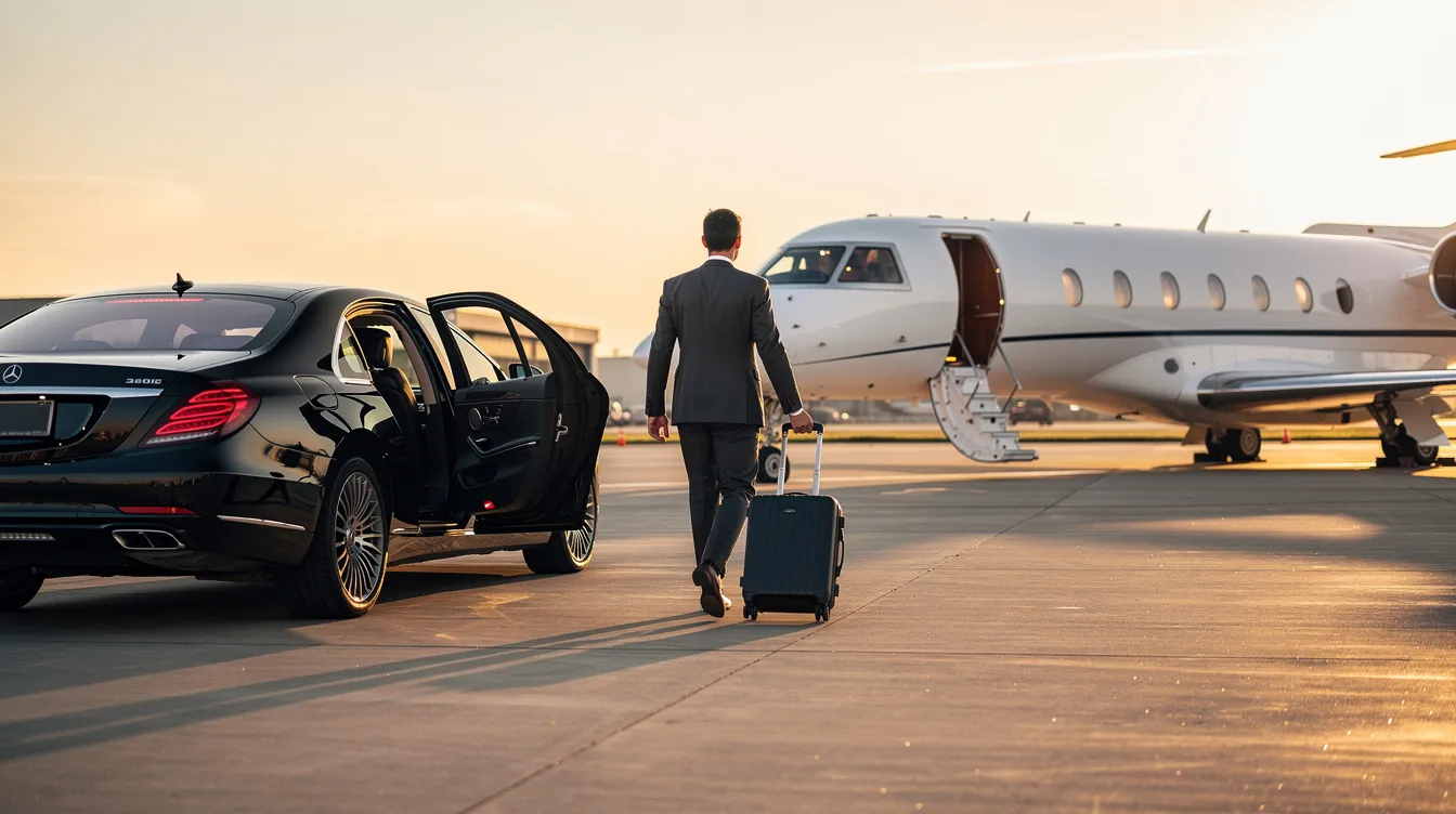 A passenger is walking from a sleek black car towards a private jet on a quiet ramp at Long Island MacArthur Airport, surrounded by the calm ambiance of general aviation. The scene captures the convenience and luxury of traveling through a private airport, away from the bustling commercial airlines.