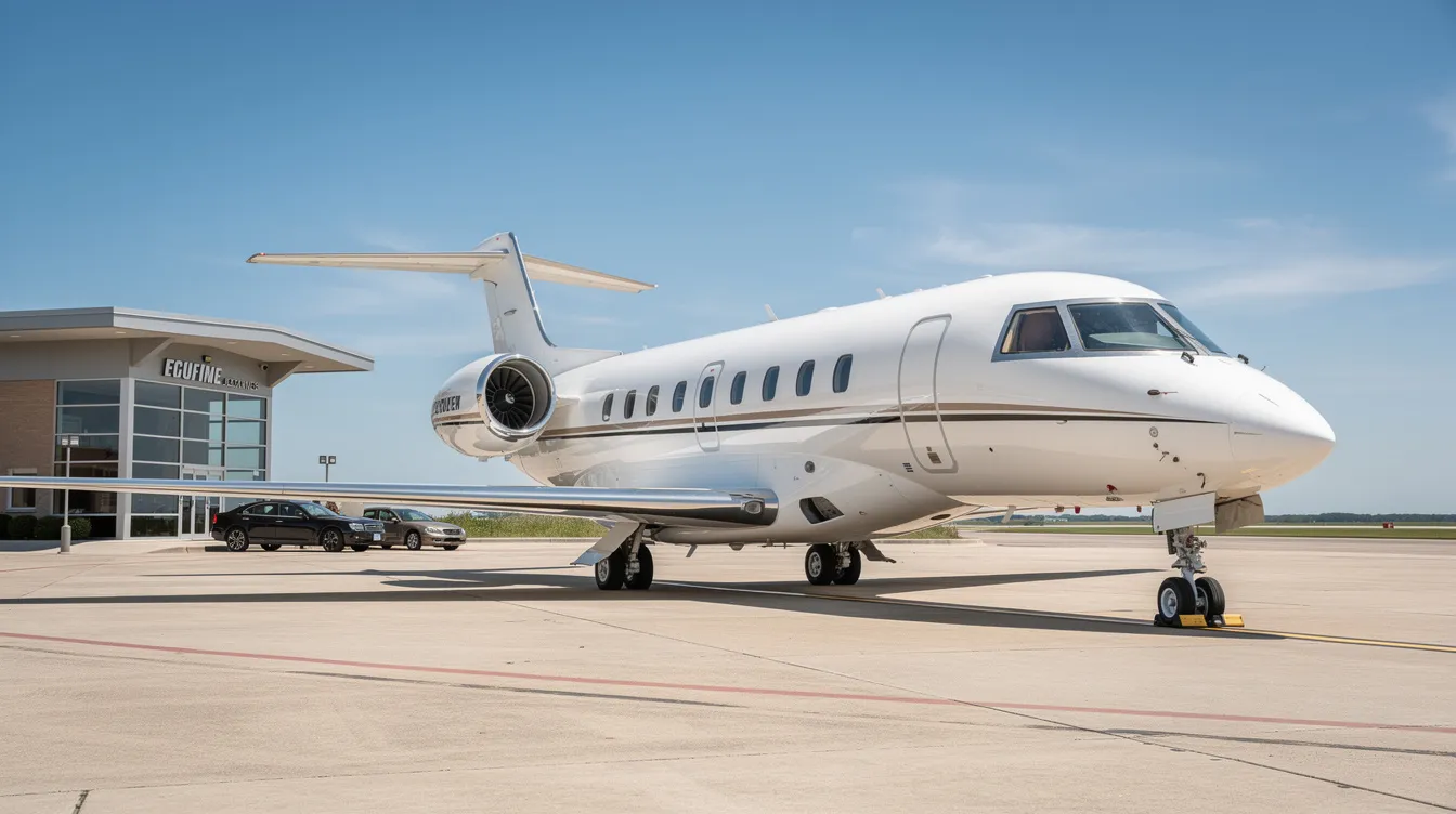 A private jet is parked beside a small executive terminal at Long Island MacArthur Airport on a clear day, showcasing the modern aviation facilities available for travelers. The scene reflects the convenience of private jets in contrast to the bustling commercial flights at larger airports.