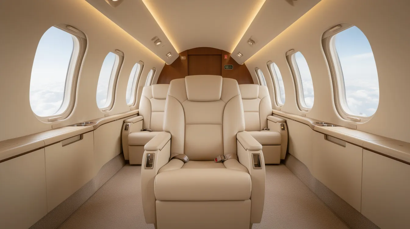 The image depicts a quiet private jet cabin, specifically designed for business aviation, featuring cream-colored seats and large oval windows that provide a spacious and comfortable environment. The flat floor cabin is indicative of a midsize jet, such as the Cessna Citation Latitude, known for its impressive range and luxurious interior.