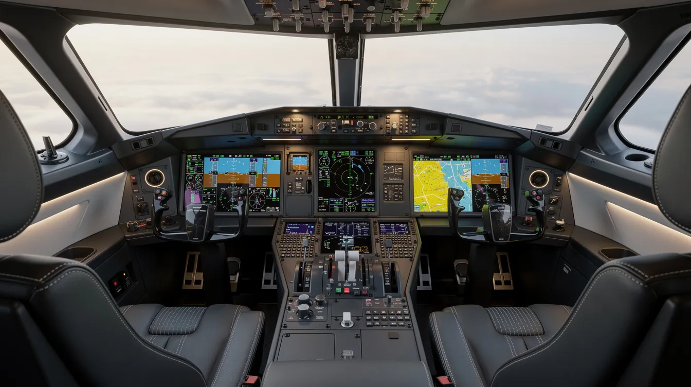 The image depicts a modern business jet cockpit, specifically designed for the Cessna Citation Latitude, featuring advanced digital displays and an integrated flight management system. The flight deck includes multifunction displays and synthetic vision technology, enhancing situational awareness for pilots during operations.