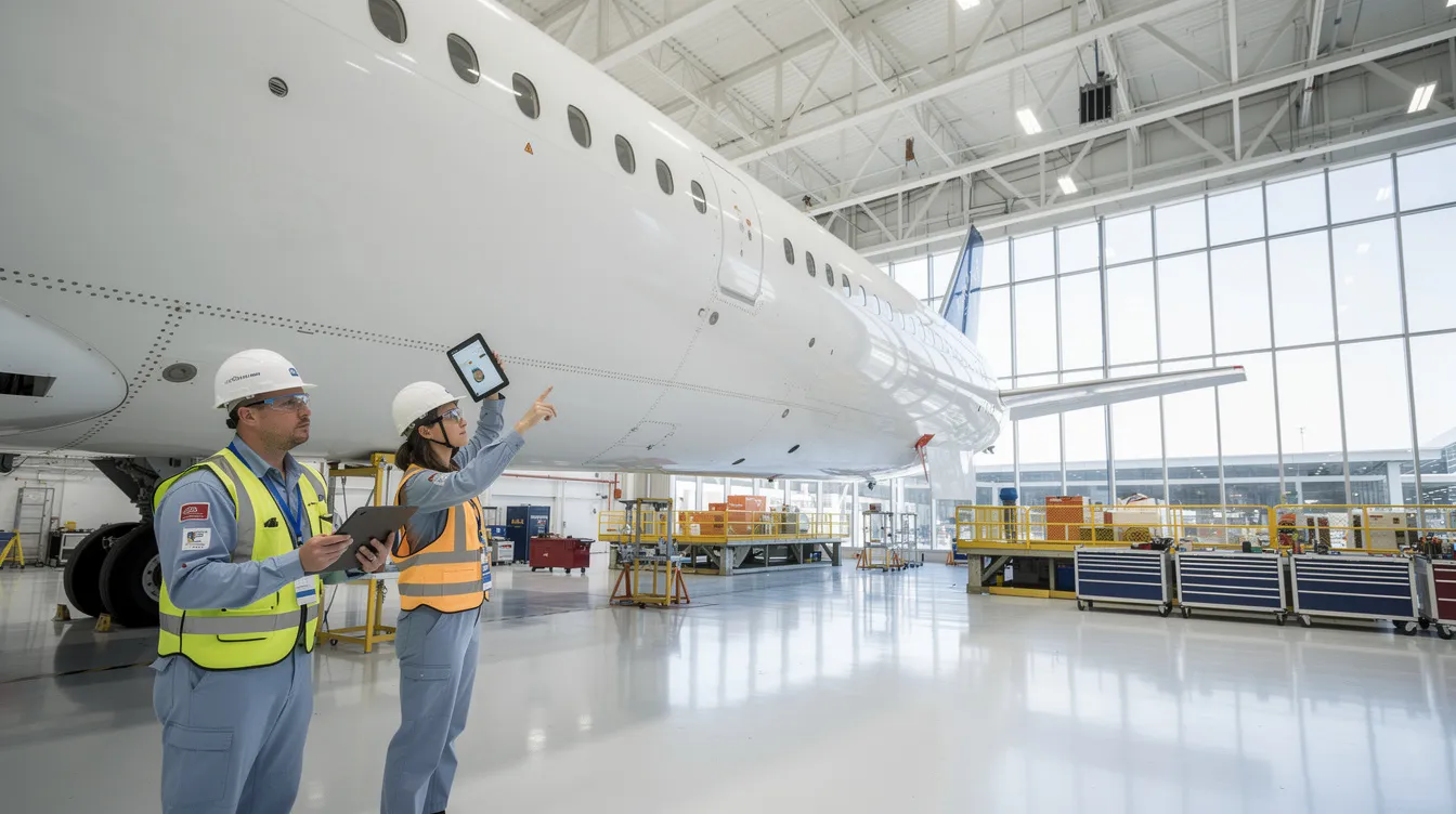 Engineers are inspecting the wing of a commercial aircraft in a clean assembly facility, ensuring quality and safety standards are met in the aircraft manufacturing industry. This scene highlights the meticulous attention to detail required in the production of aircraft by leading manufacturers like Boeing and Airbus.