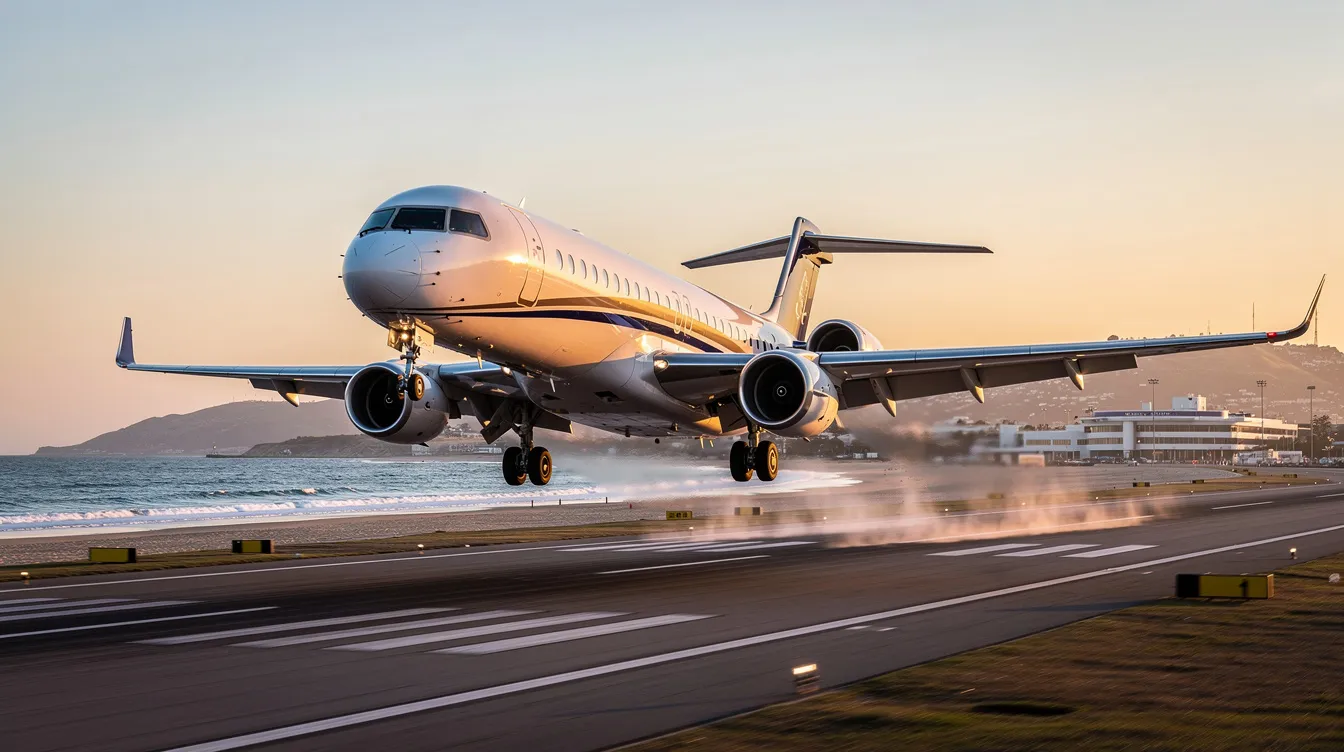 A long-range business jet is taking off from a coastal airport, showcasing its sleek design and powerful engines, which are essential for performance in the aerospace industry. The scene captures the moment of flight, highlighting the innovation and capabilities of leading aircraft manufacturers in the global aerospace market.