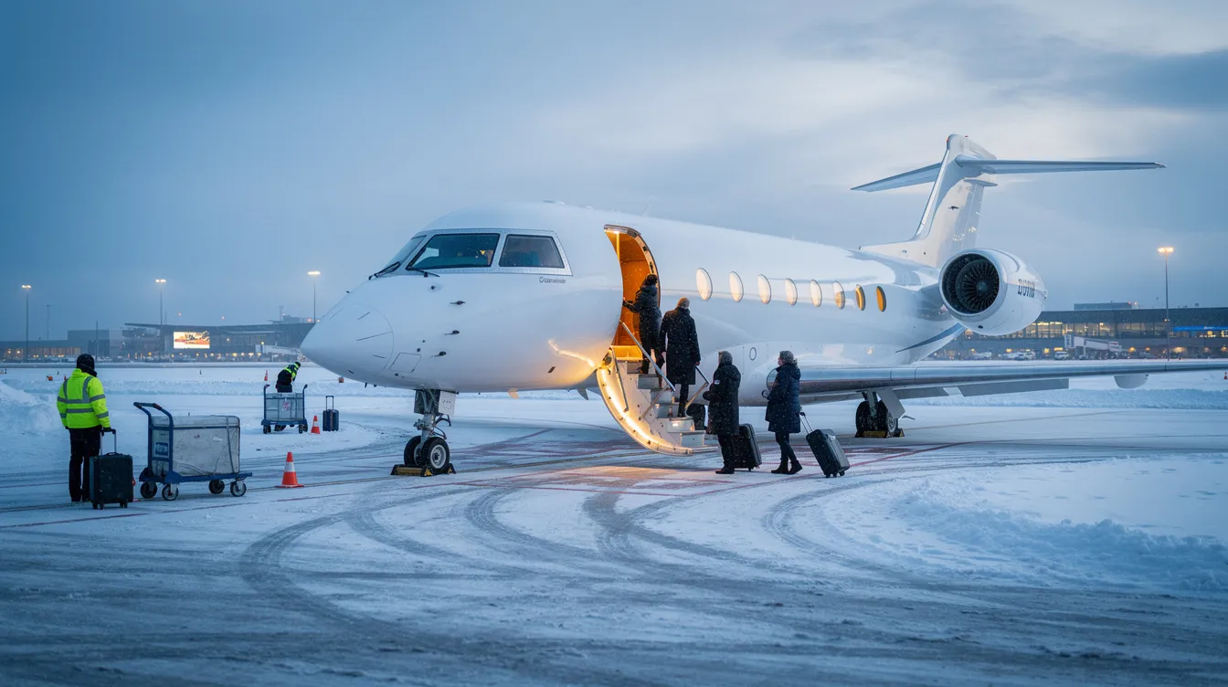 A private jet is parked on a snowy airport ramp, with passengers boarding, ready for their private flight from Pierre Elliott Trudeau International Airport in Montreal. The scene captures the luxury and convenience of private jet charter services, highlighting a seamless travel experience even in winter conditions.