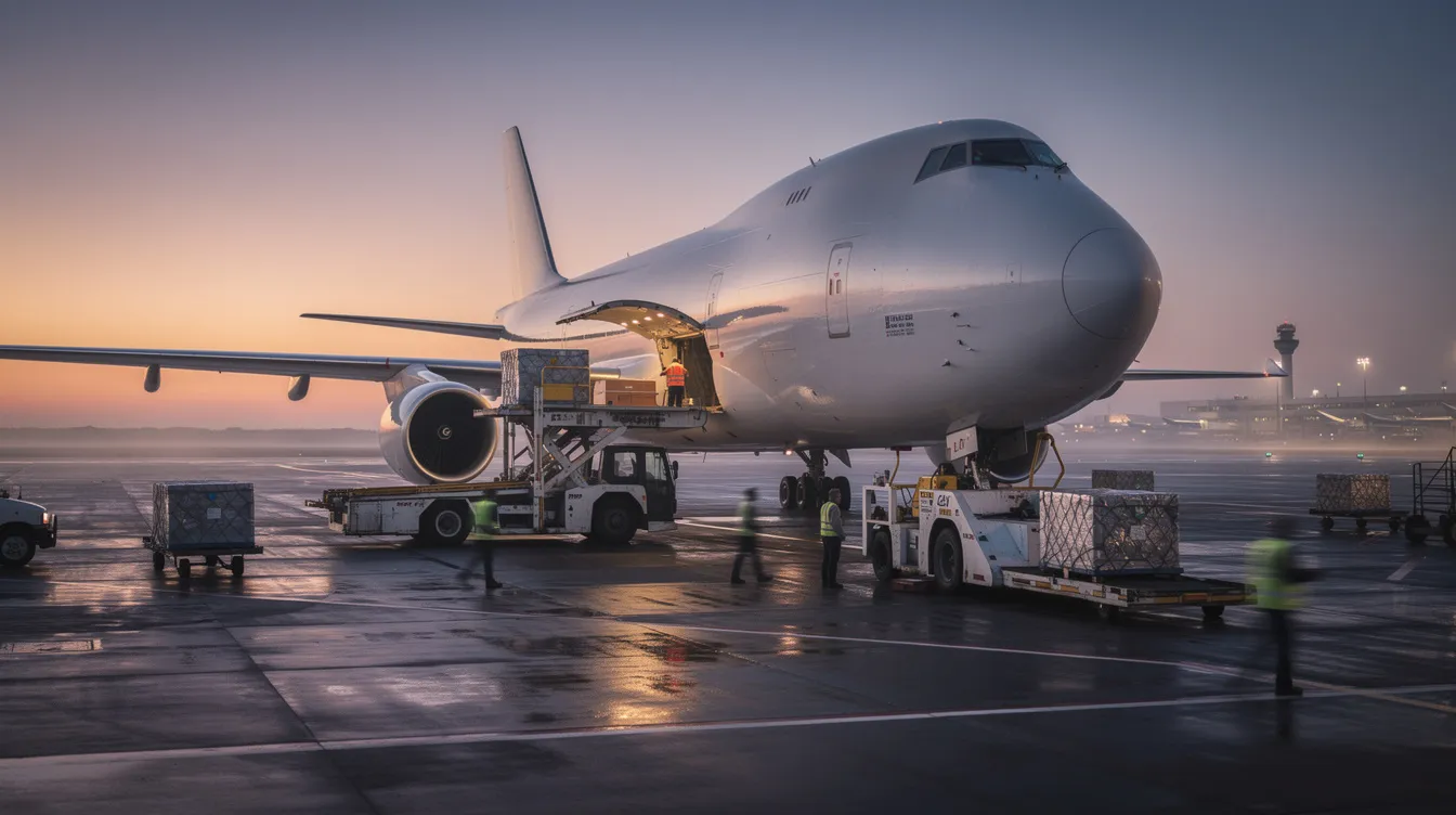 A widebody cargo aircraft, operated by Martinair Holland, is being loaded on an airport ramp at dusk, with the fading light creating a dramatic backdrop. The scene captures the busy ground operations and the essential role of the airline in meeting cargo demand.