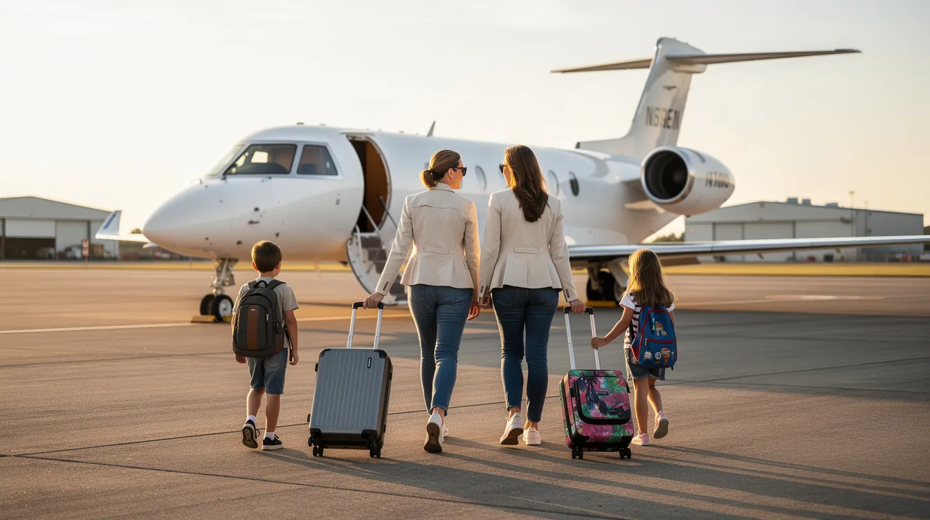 A family is walking towards a private aircraft on a quiet airport apron, carrying luggage as they prepare for their private jet travel. The scene captures the essence of luxury and convenience often associated with private aviation, away from the hustle of commercial flights at busy terminals like New York's JFK Airport.